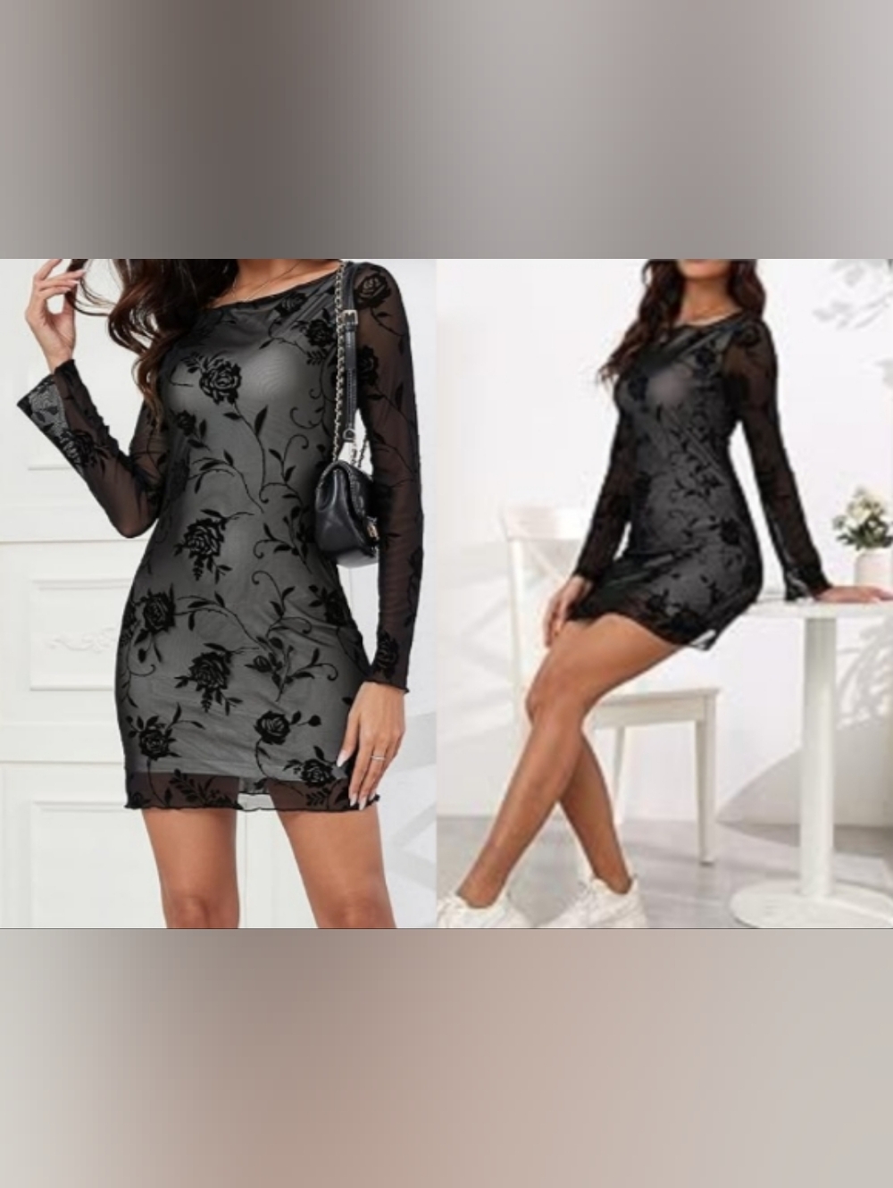 Black Sheer Floral Lace Long-Sleeve Mini Dress